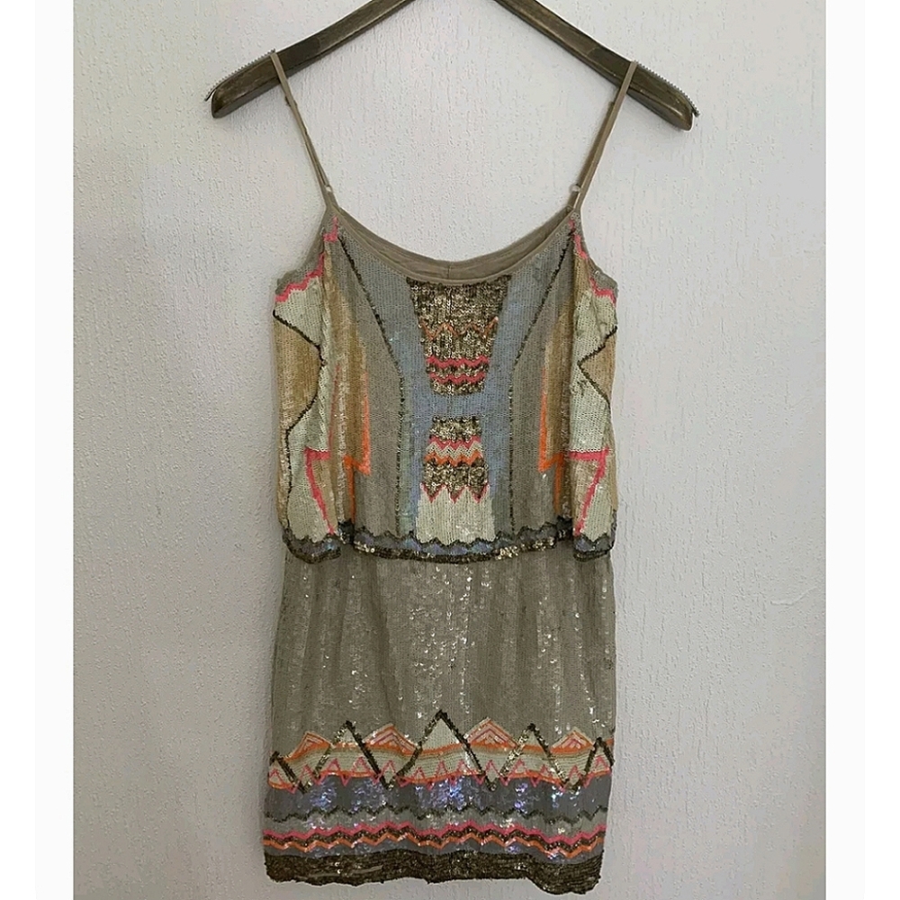 AllSaints Sequined Mini Dress in Taupe with Pink & Gold Accents - Picture 2 of 5
